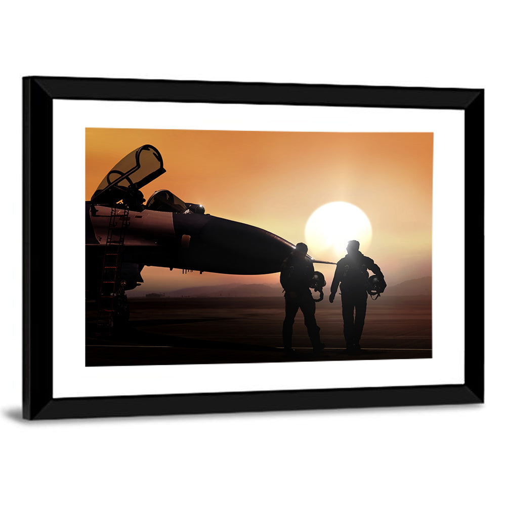 Pilots and Supersonic Jet at Sunset Wall Art