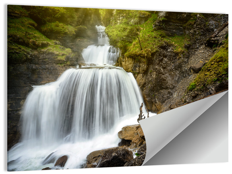 White Cascade Over Mossy Rocks Wall Art