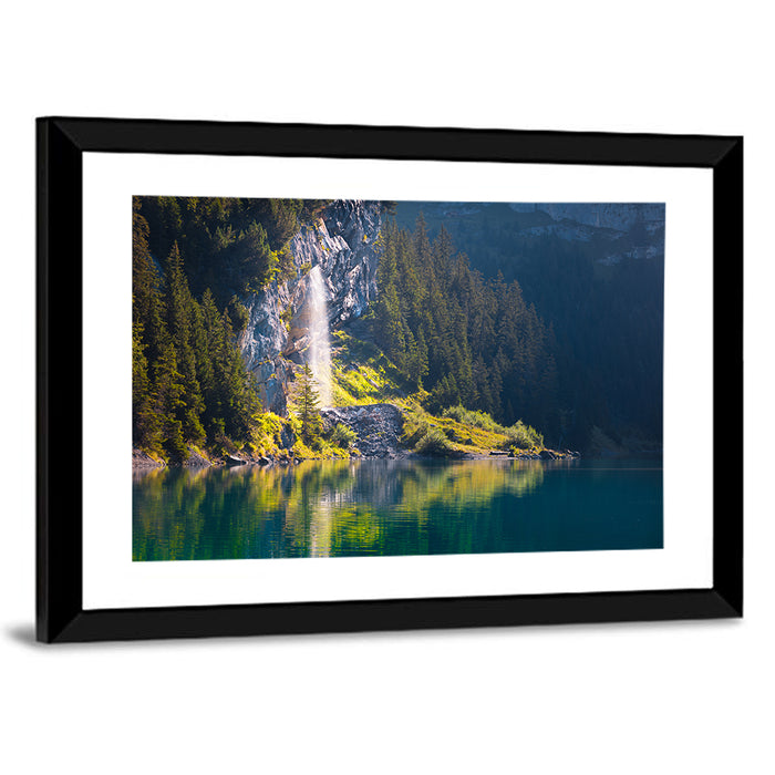 Lake Oeschinen Waterfall Reflection Wall Art as a framed print