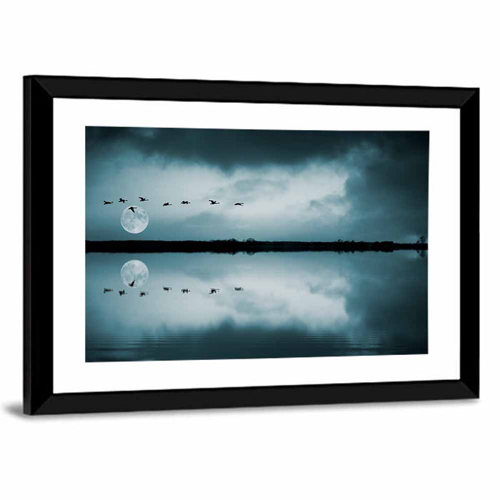 Moonlit Flock Over Lake Wall Art as a framed print