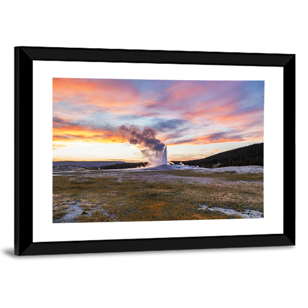 Old Faithful Erupting at Sunset Wall Art