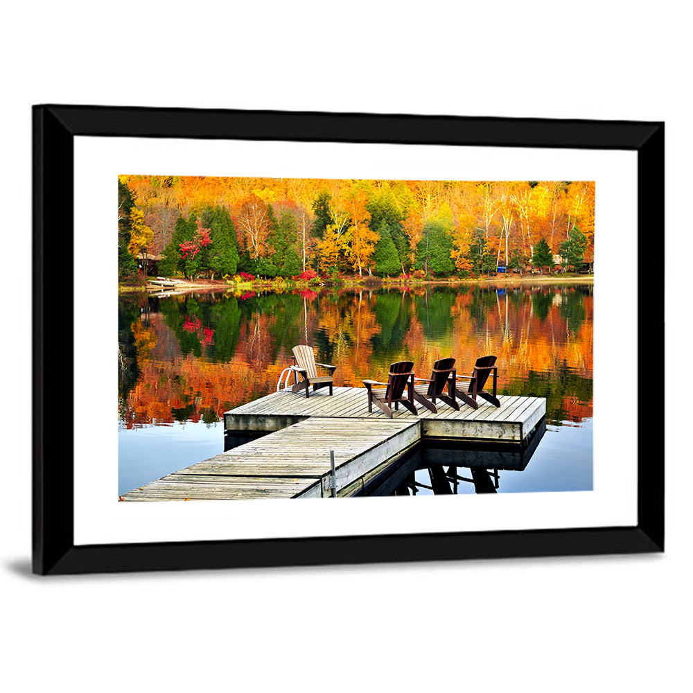 Autumn Lake Dock with Adirondack Chairs Wall Art