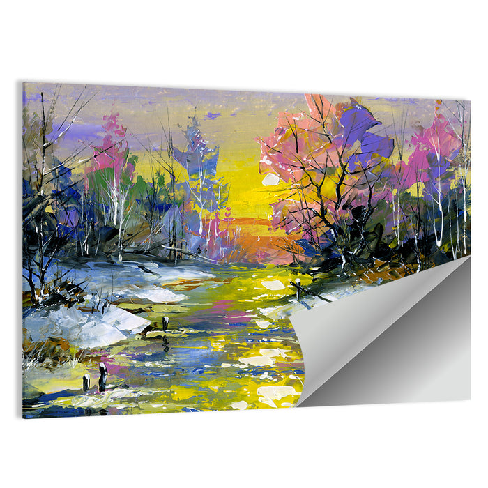 Golden Sunset Over Snowy Stream Wall Art as a poster print
