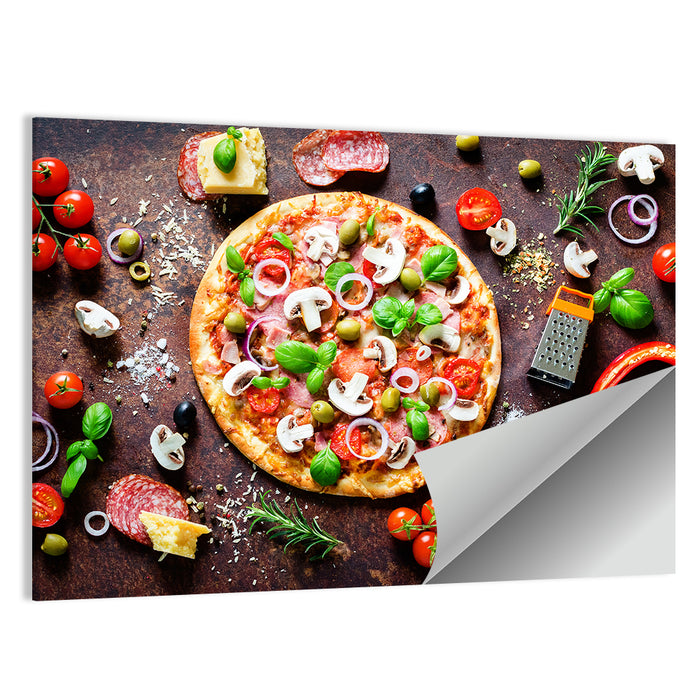 Rustic Italian Pizza Flat Lay Wall Art as a poster print