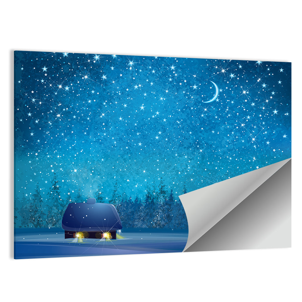 Winter Cottage Under Crescent Moon Wall Art