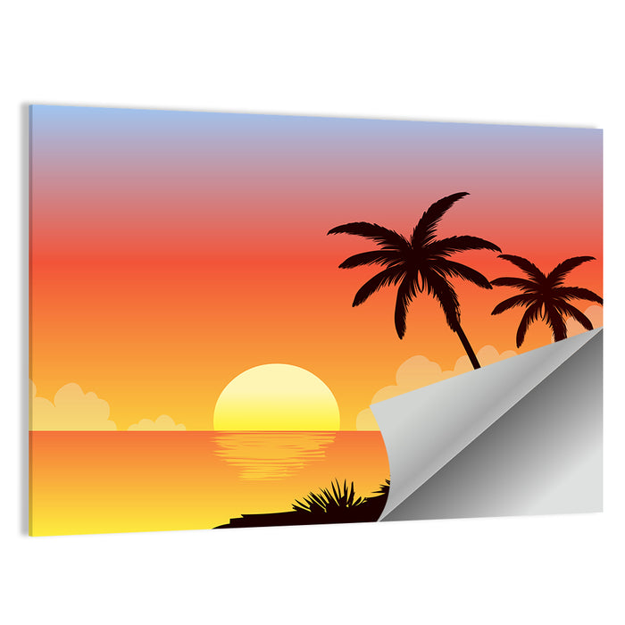 Tropical Beach Sunset Illustration Wall Art as a poster print