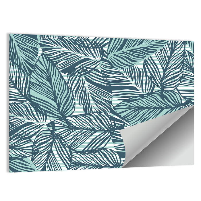 Striped Blue Palm Leaves Pattern Wall Art as a poster print