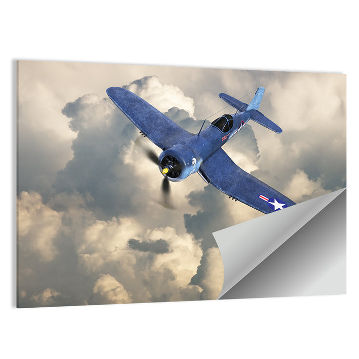 Wwii Fighter Plane Over Clouds Wall Art as a poster print
