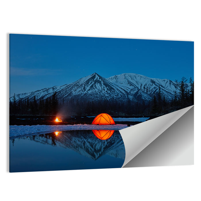 Glowing Tent at Mountain Lake Wall Art as a poster print