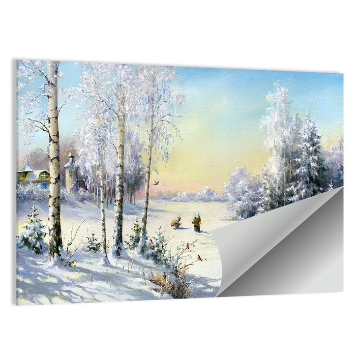 Birch-framed Winter Village Wall Art as a poster print