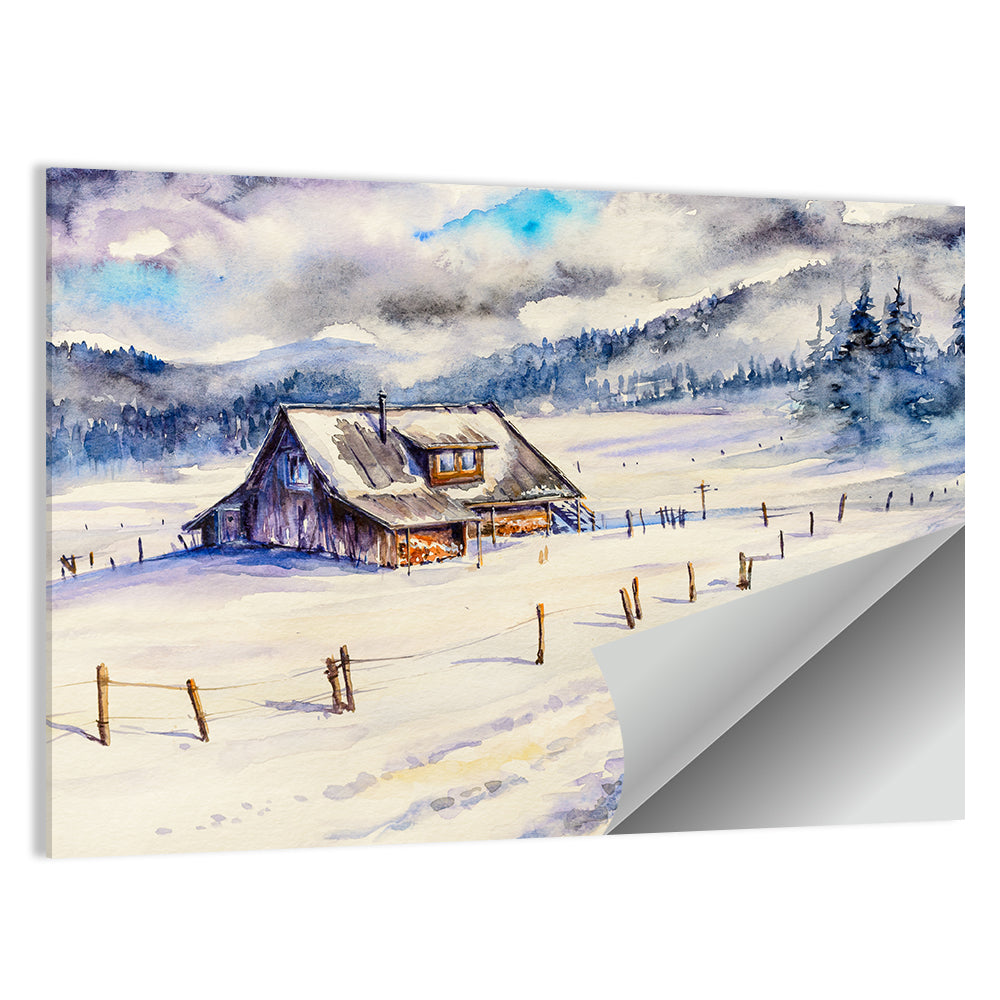 Snowy Mountain Cabin Landscape Wall Art