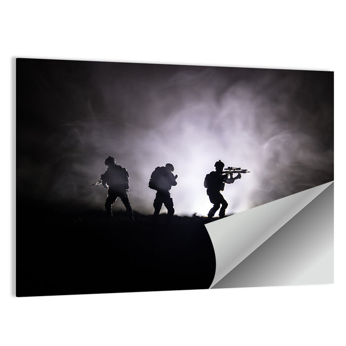 Three Soldiers Silhouette in Fog Wall Art as a poster print