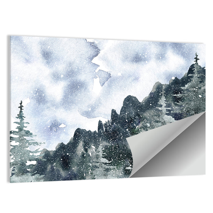 Snowfall Mountain Forest Illustration Wall Art as a poster print