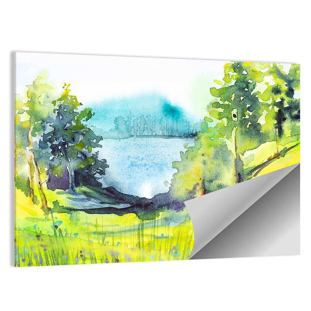 Summer Lakeside Forest Illustration Wall Art