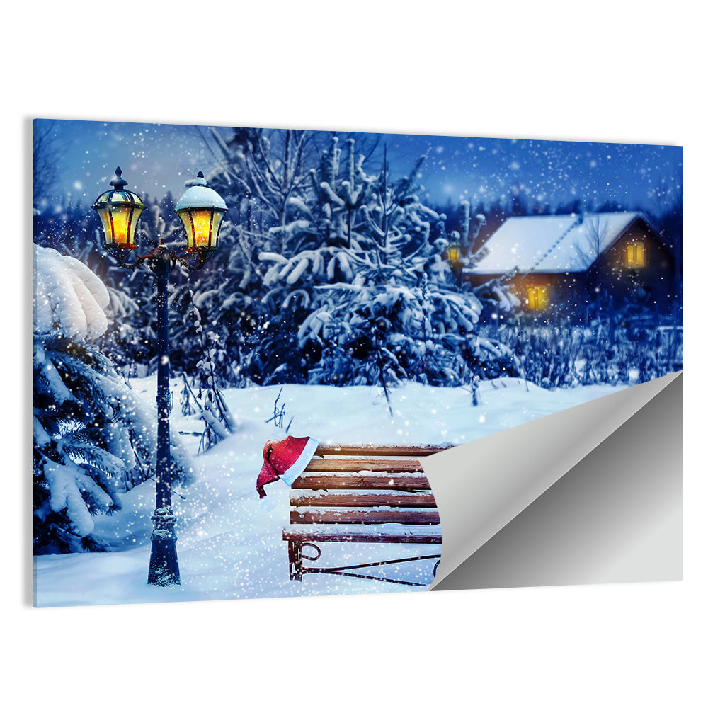 Snowy Bench in Winter Forest Wall Art
