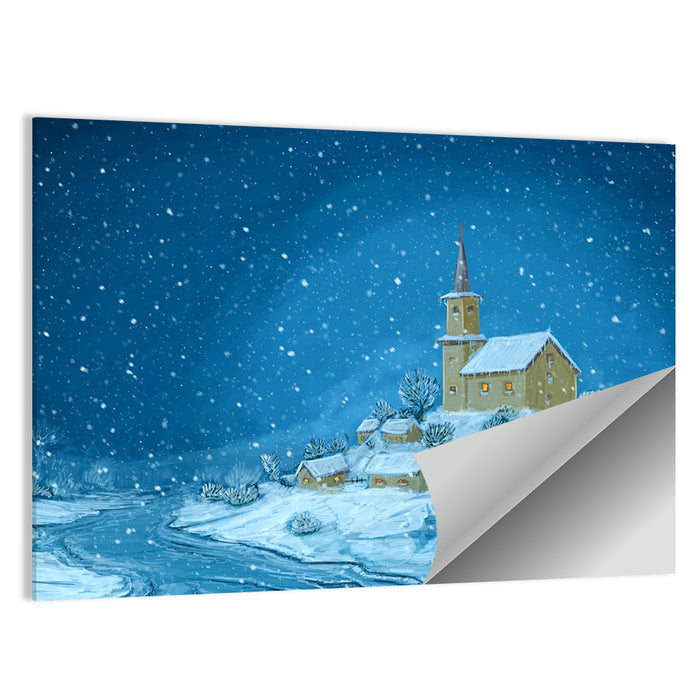 Snowy Village Church at Night Wall Art as a poster print