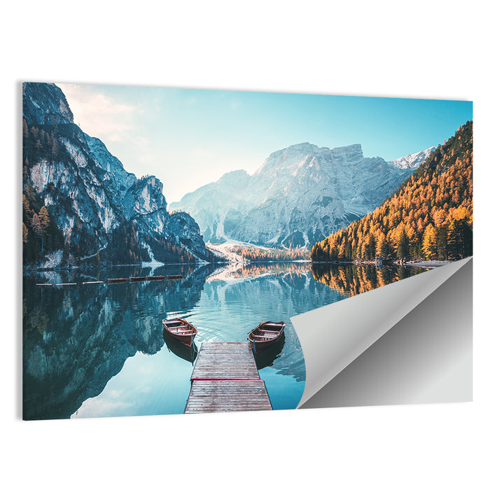 Lago Di Braies Dock and Dolomites Wall Art as a poster print