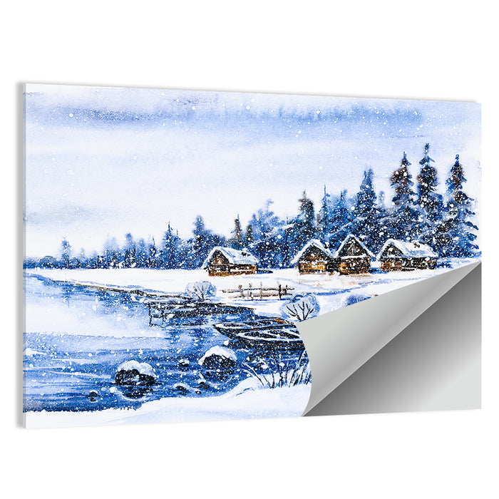 Snowy Village by Frozen Lake Wall Art as a poster print