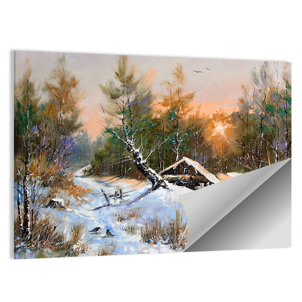 Winter Forest Path with Cabin Wall Art