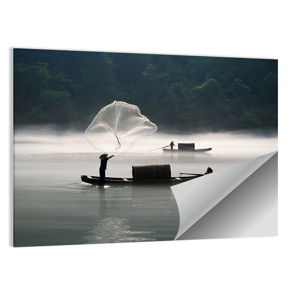 Misty Lake Fisherman Wall Art
