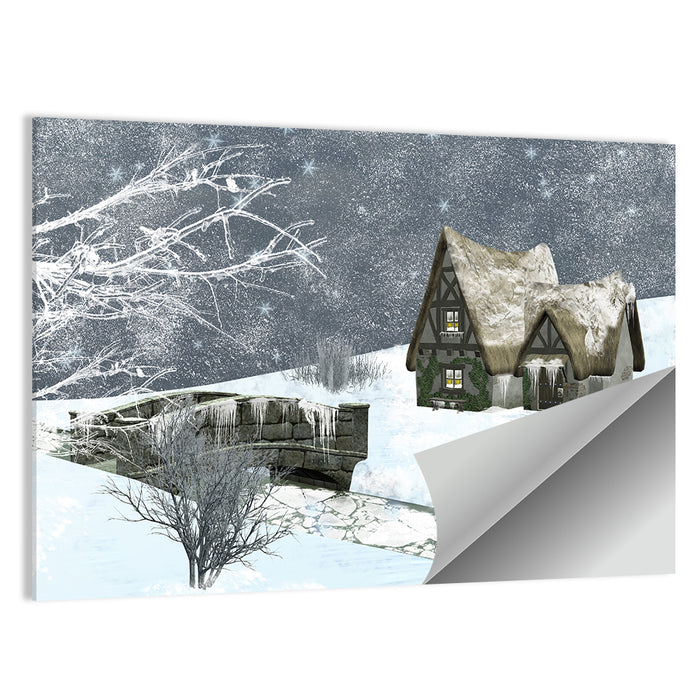 Starry Winter Cottage and Frozen Stream Wall Art as a poster print