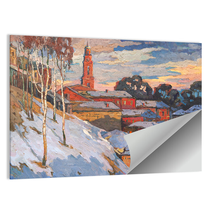 Snowy Village with Church Tower Wall Art as a poster print