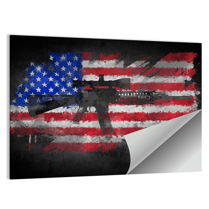 M16 Over Distressed American Flag Wall Art as a poster print