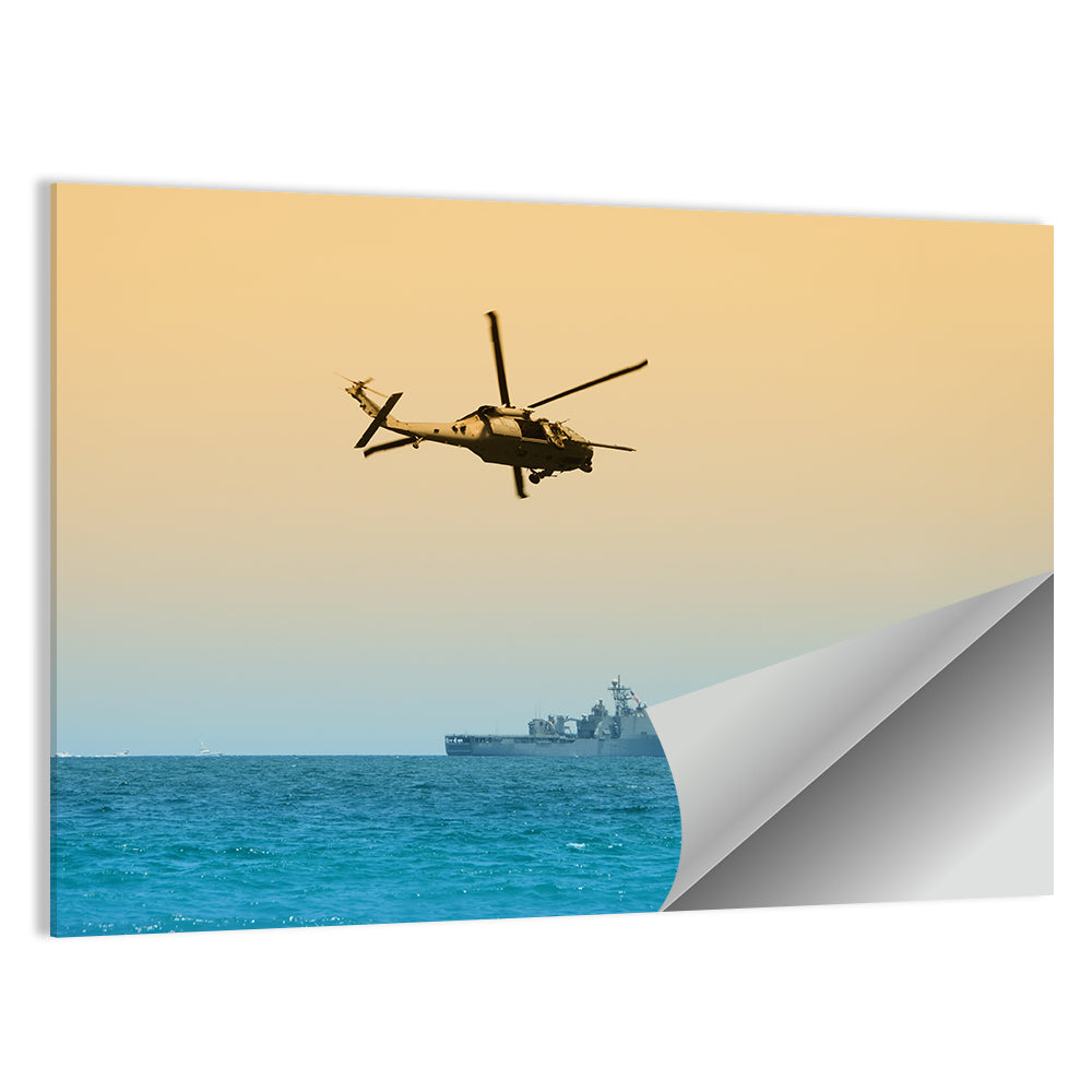 Helicopter Over Warship at Sea Wall Art
