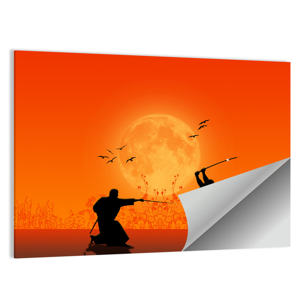 Moonlit Samurai Duel Wall Art, poster print, landscape