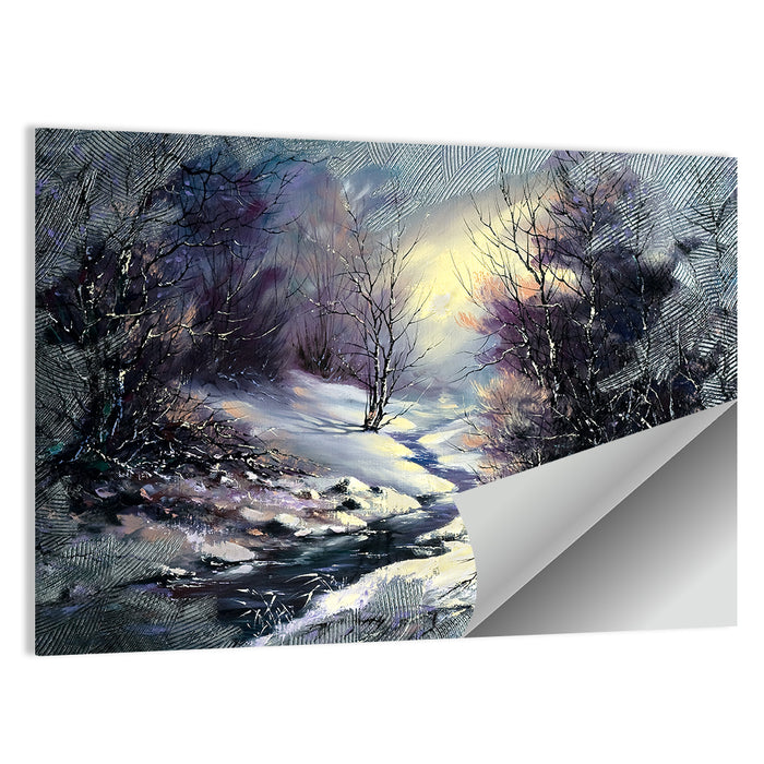 Sunlit Frozen Stream in Winter Forest Wall Art as a poster print