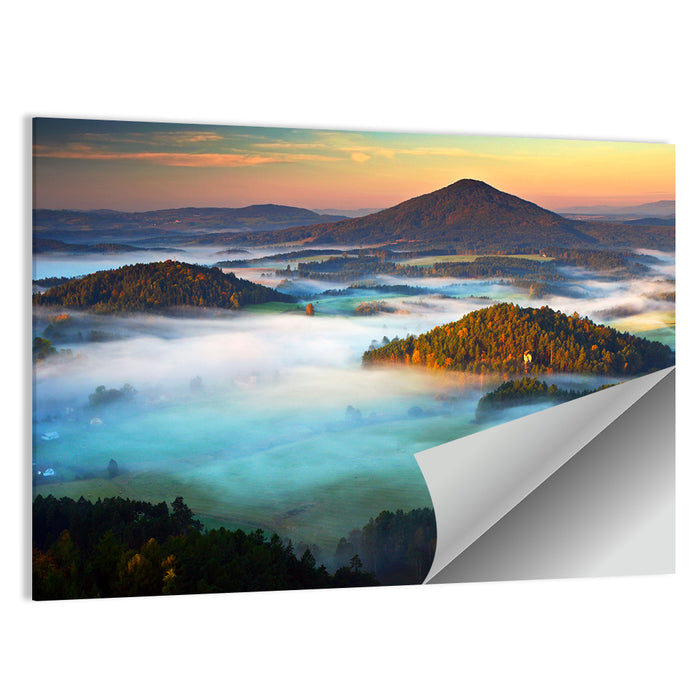 Golden Hour Foggy Hills Wall Art as a poster print