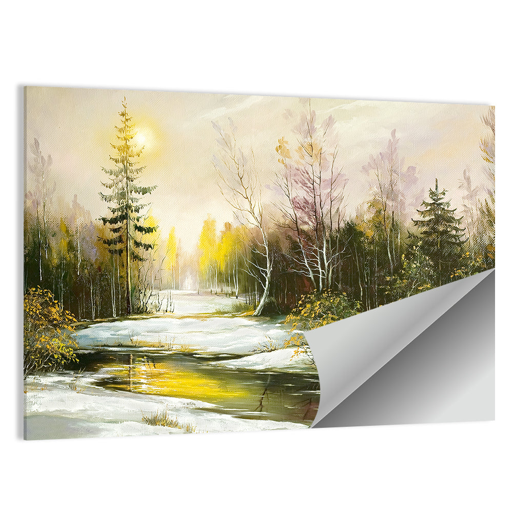 Sunlit Winter River Landscape Wall Art