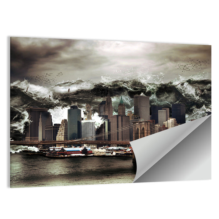 Tsunami Over Manhattan Skyline, Brooklyn Bridge Wall Art as a poster print