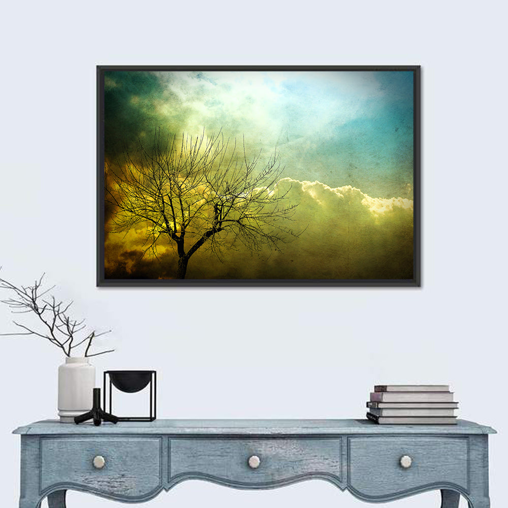 Moody Winter Tree Landscape Wall Art in a room, landscape