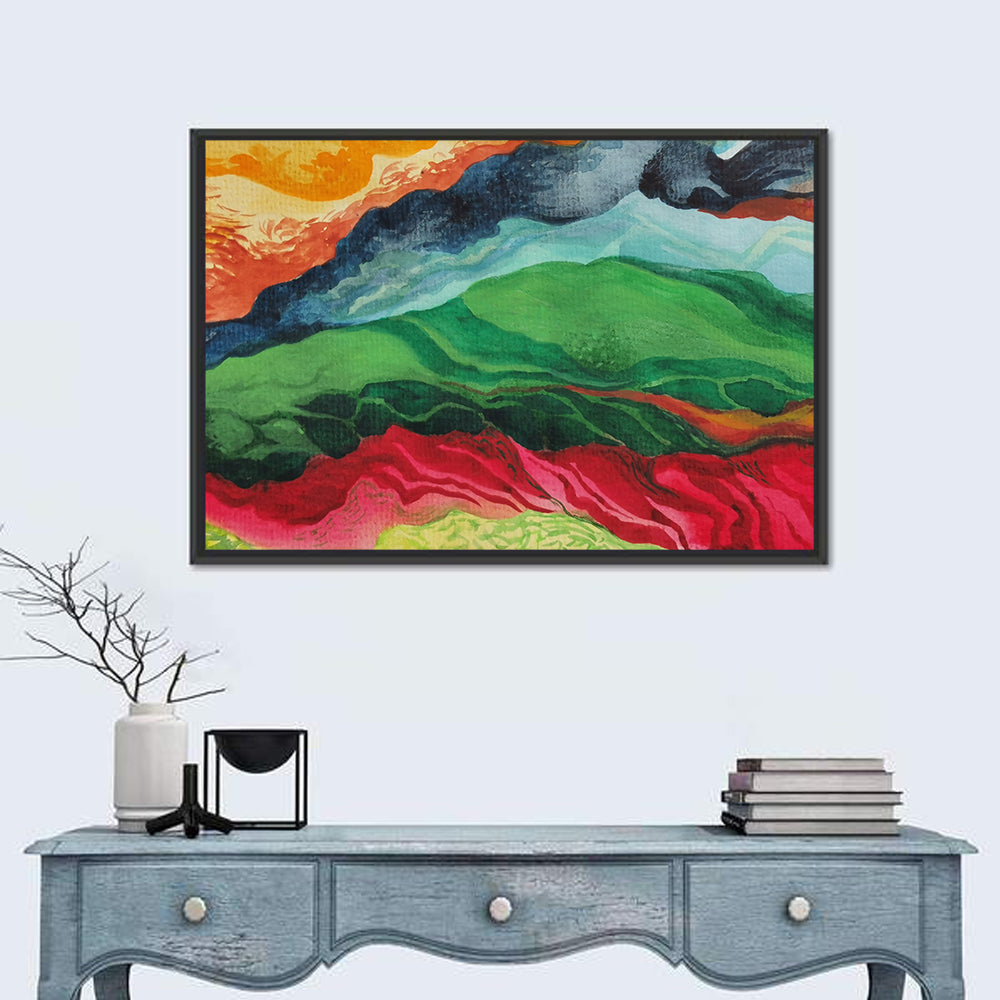 River Through Abstract Mountains Wall Art in a room, landscape