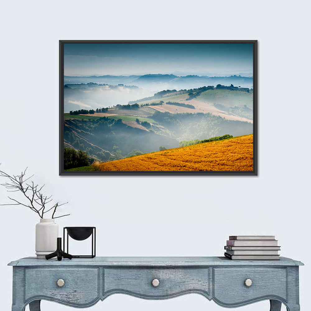 Morning Mist Over Tuscany Wall Art in a room, landscape