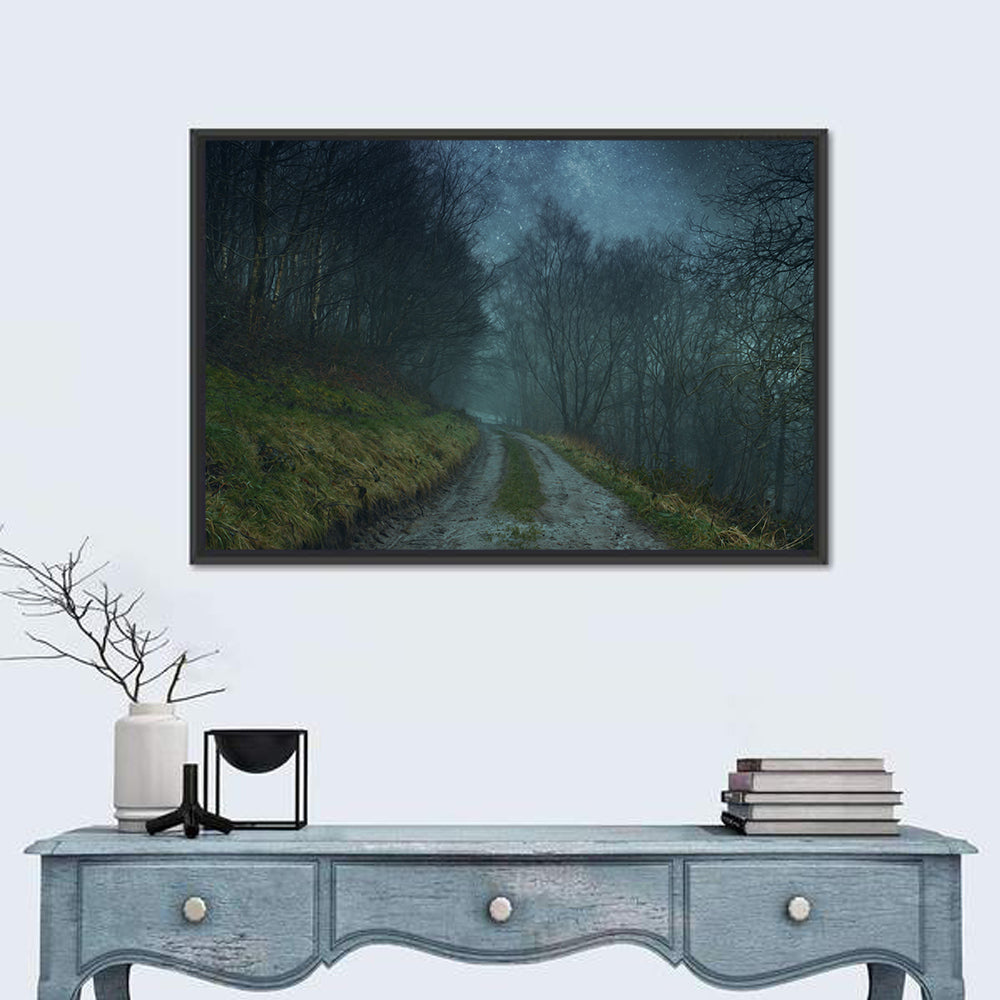 Misty Forest Pathway Wall Art in a room, landscape