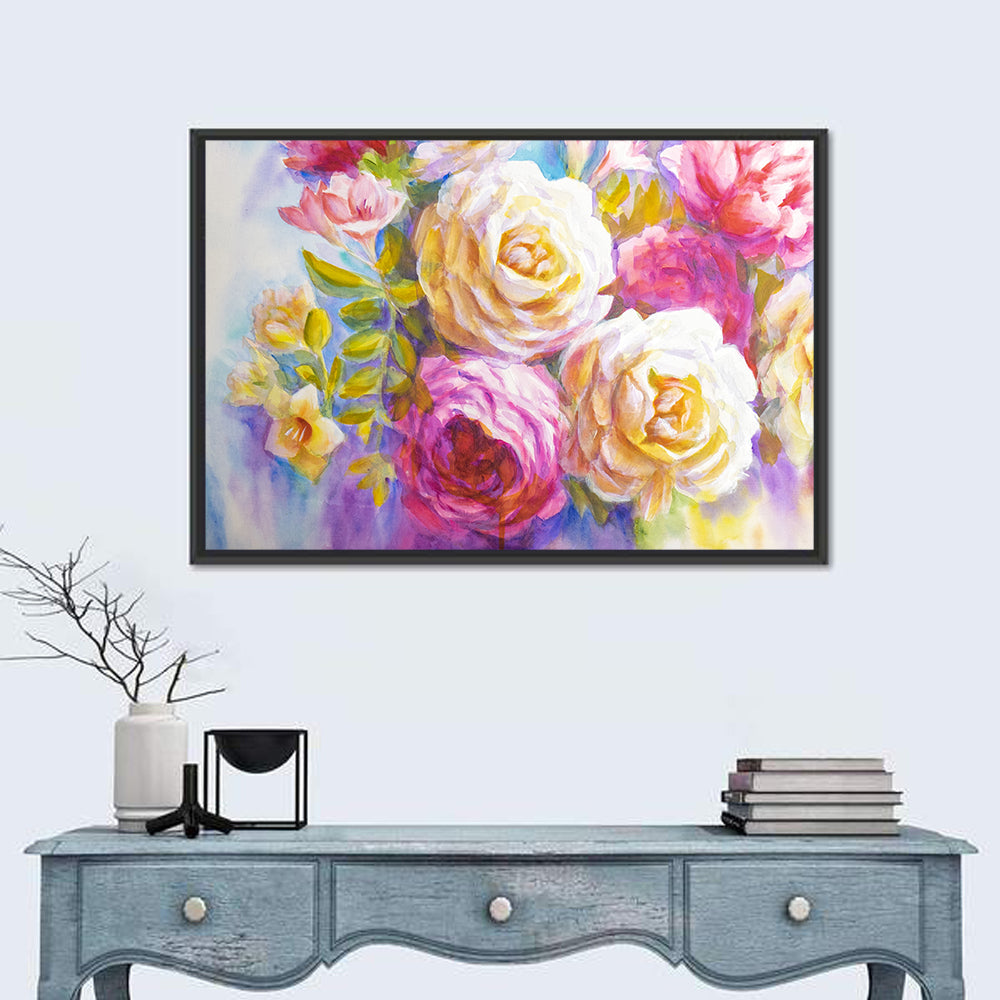Layered Watercolor Rose Bouquet Wall Art in a room, landscape