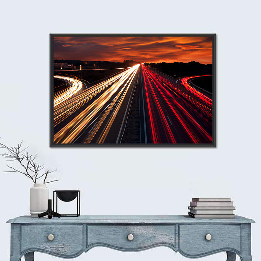 Sunset Highway Light Trails Wall Art in a room, landscape