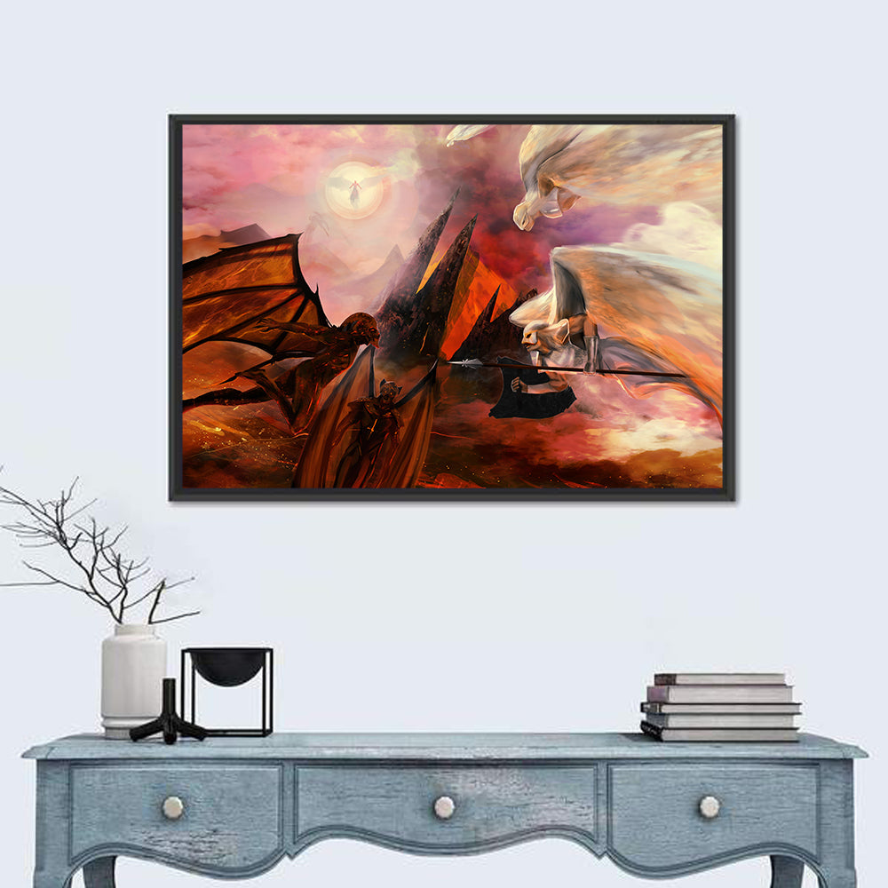 Celestial Battle: Angels and Demons Wall Art in a room, landscape