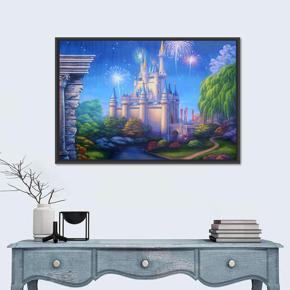 Cinderella Castle Fireworks Illustration Wall Art in a room, landscape