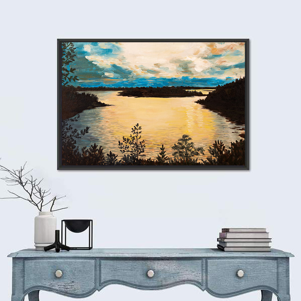 Golden Lake Sunset Painting Wall Art in a room, landscape