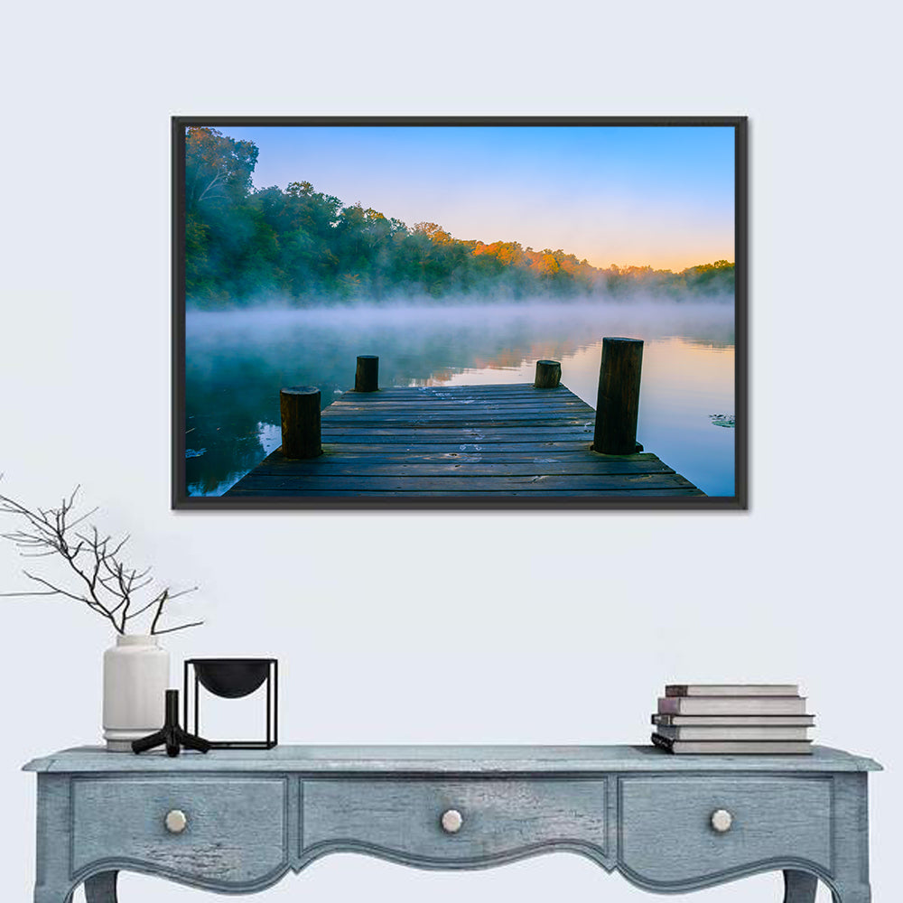 Misty Dock, Mt Saint Francis Wall Art in a room, landscape