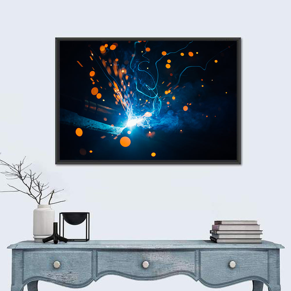 Bright Blue Welding Sparks Wall Art in a room, landscape