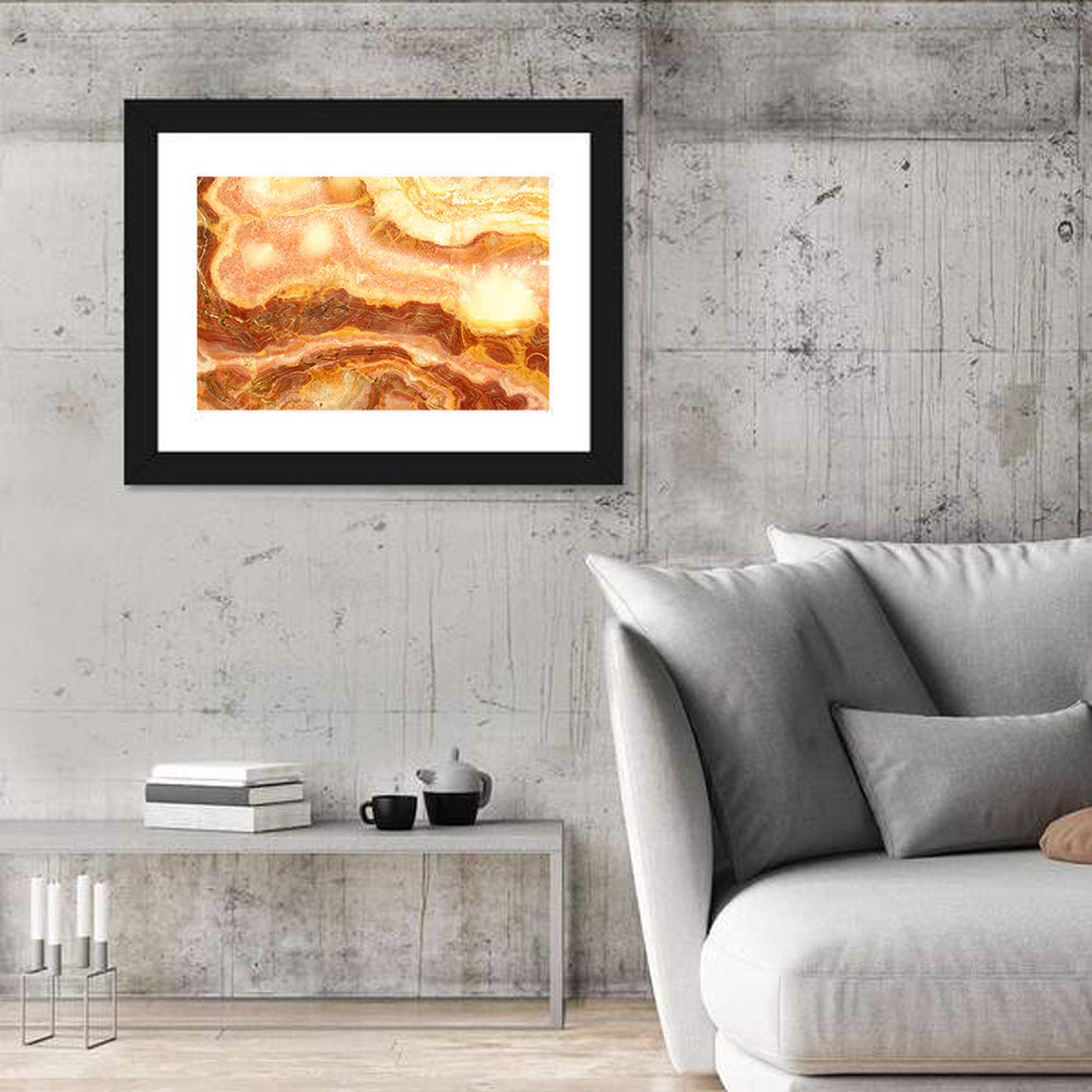 Golden Agate Stone Abstract Wall Art in a room, landscape