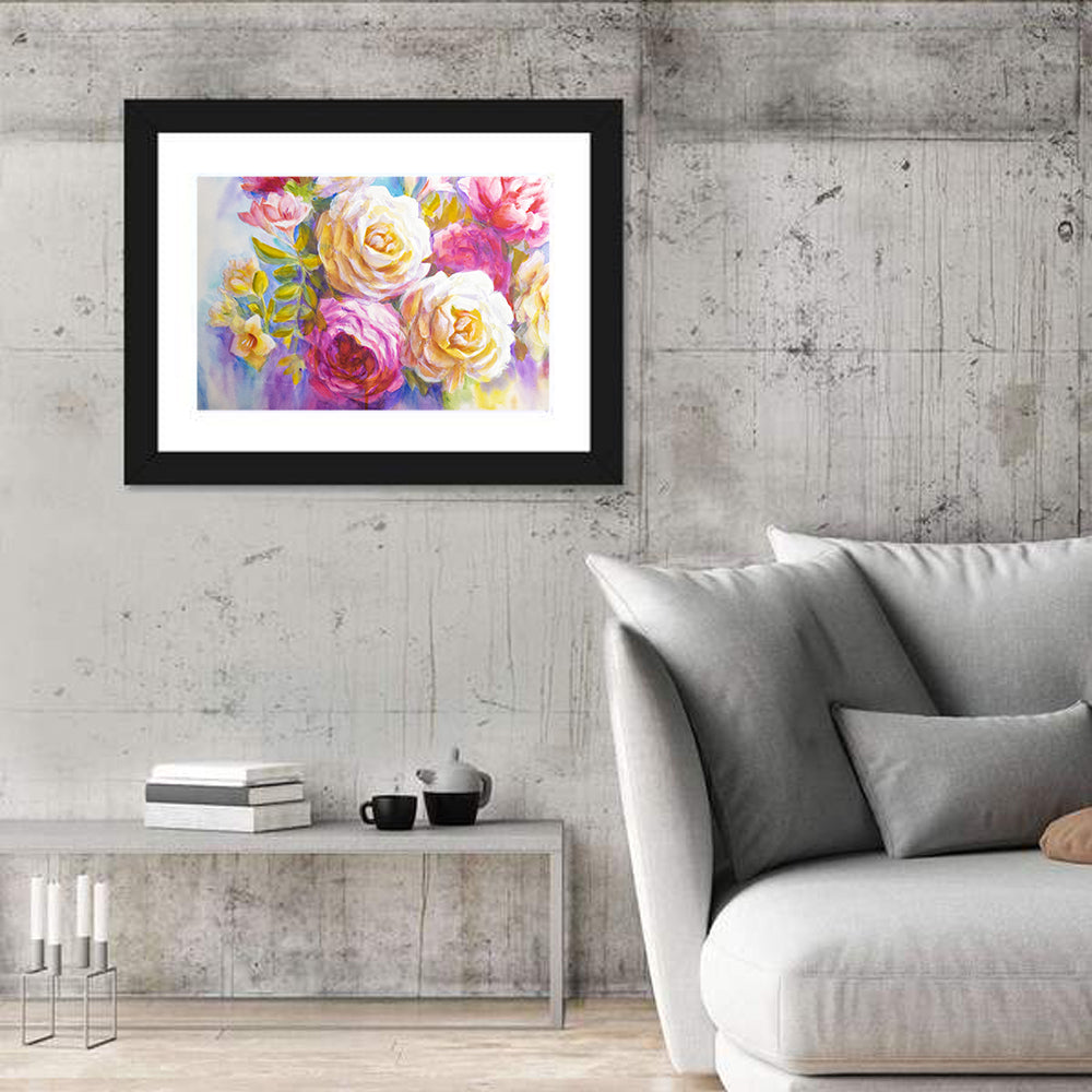 Layered Watercolor Rose Bouquet Wall Art in a room, landscape