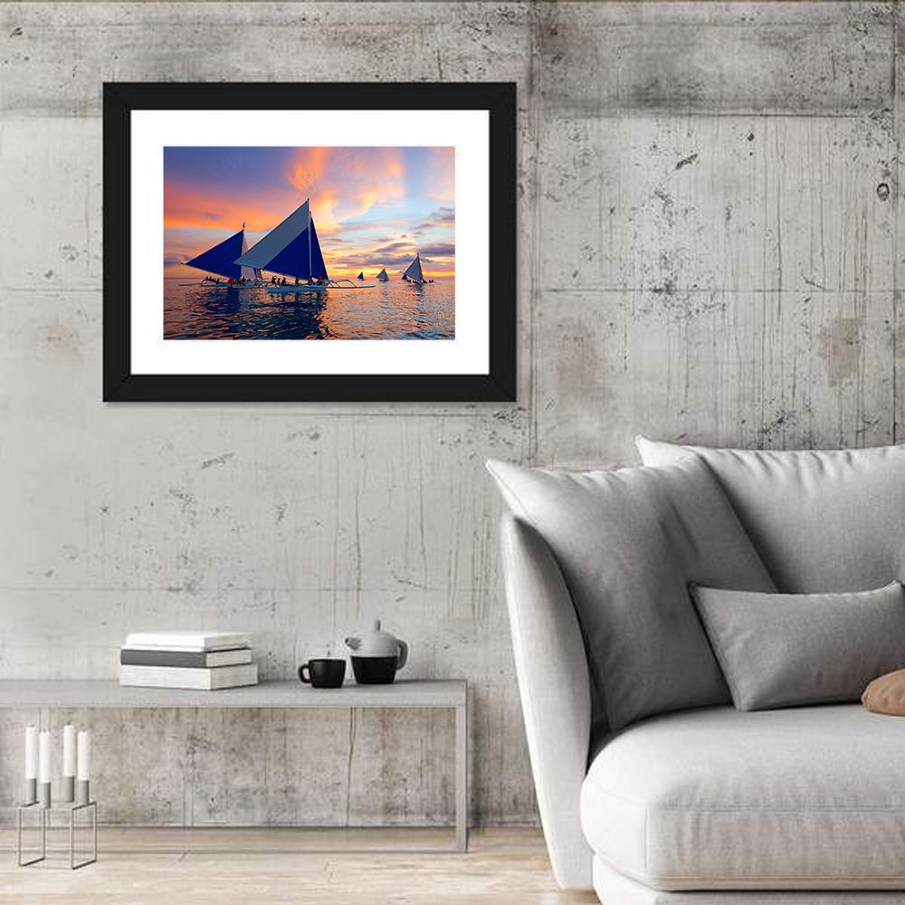 Outrigger Sailboats at Sunset Wall Art