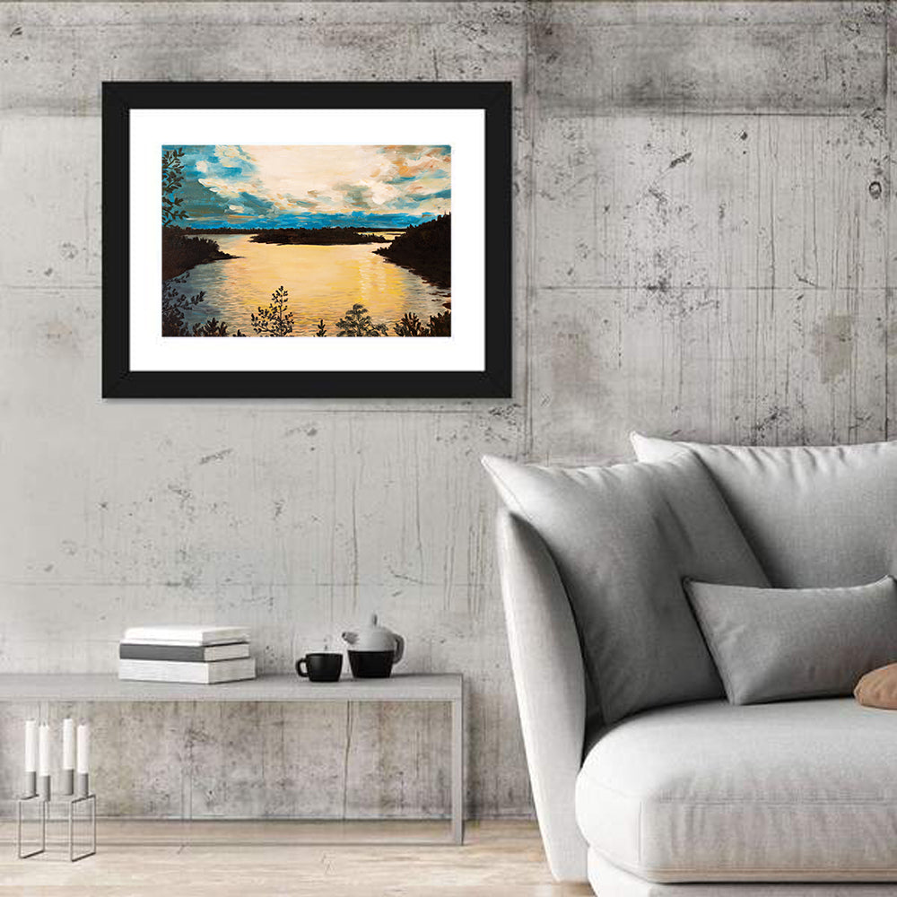Golden Lake Sunset Painting Wall Art in a room, landscape