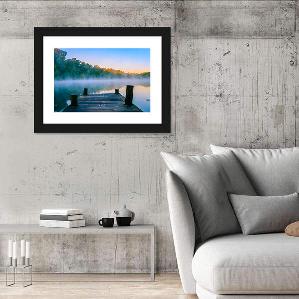 Misty Dock, Mt Saint Francis Wall Art in a room, landscape