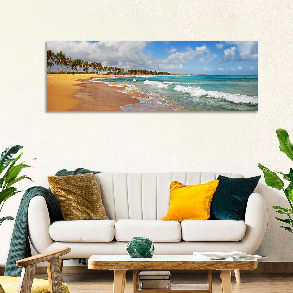 Palm Lined Tropical Coast Wall Art in a room, panoramic